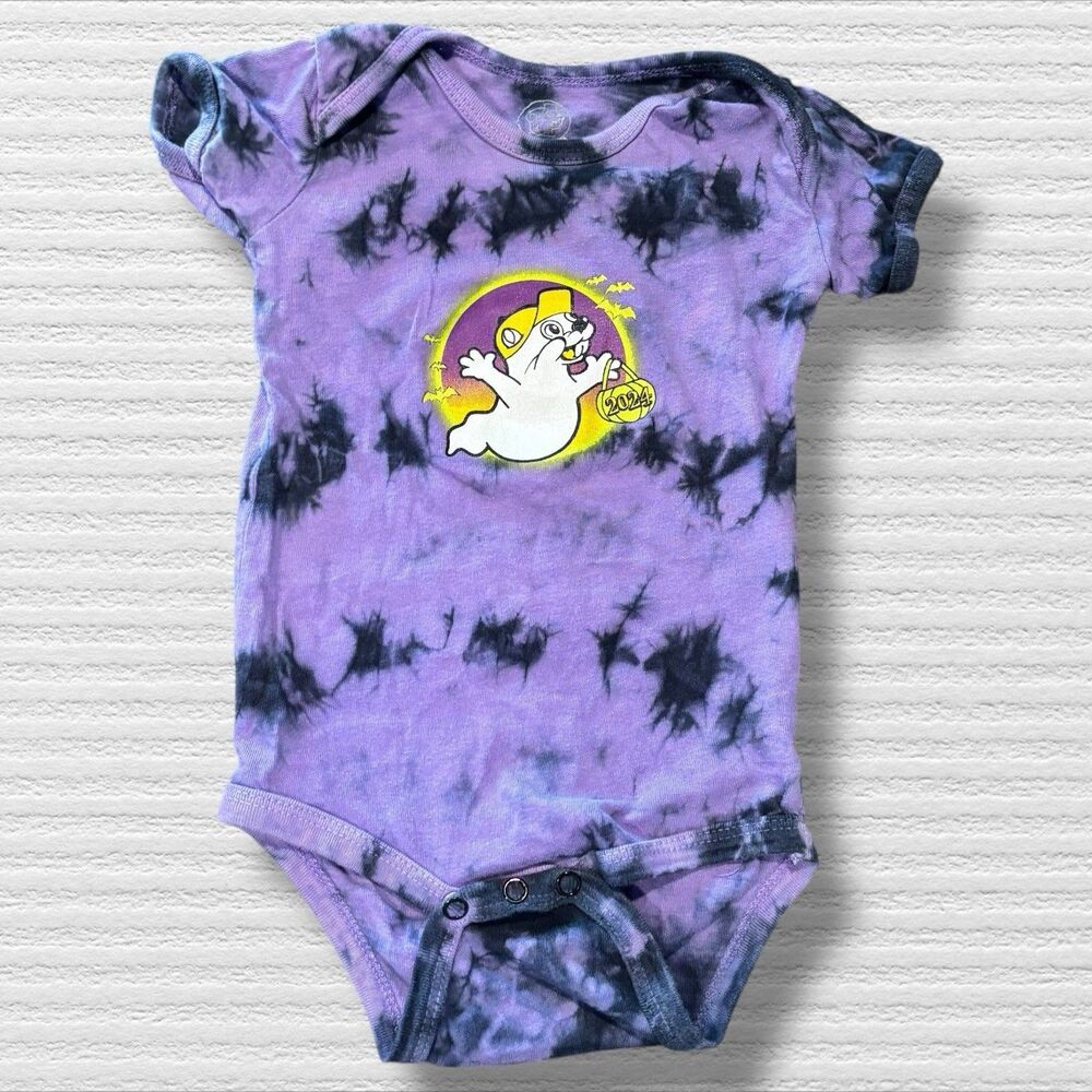 Buc-ee's 2024 "Hey Boo!" Halloween Bodysuit Purple Tie Dye 6 Months Glow In Dark